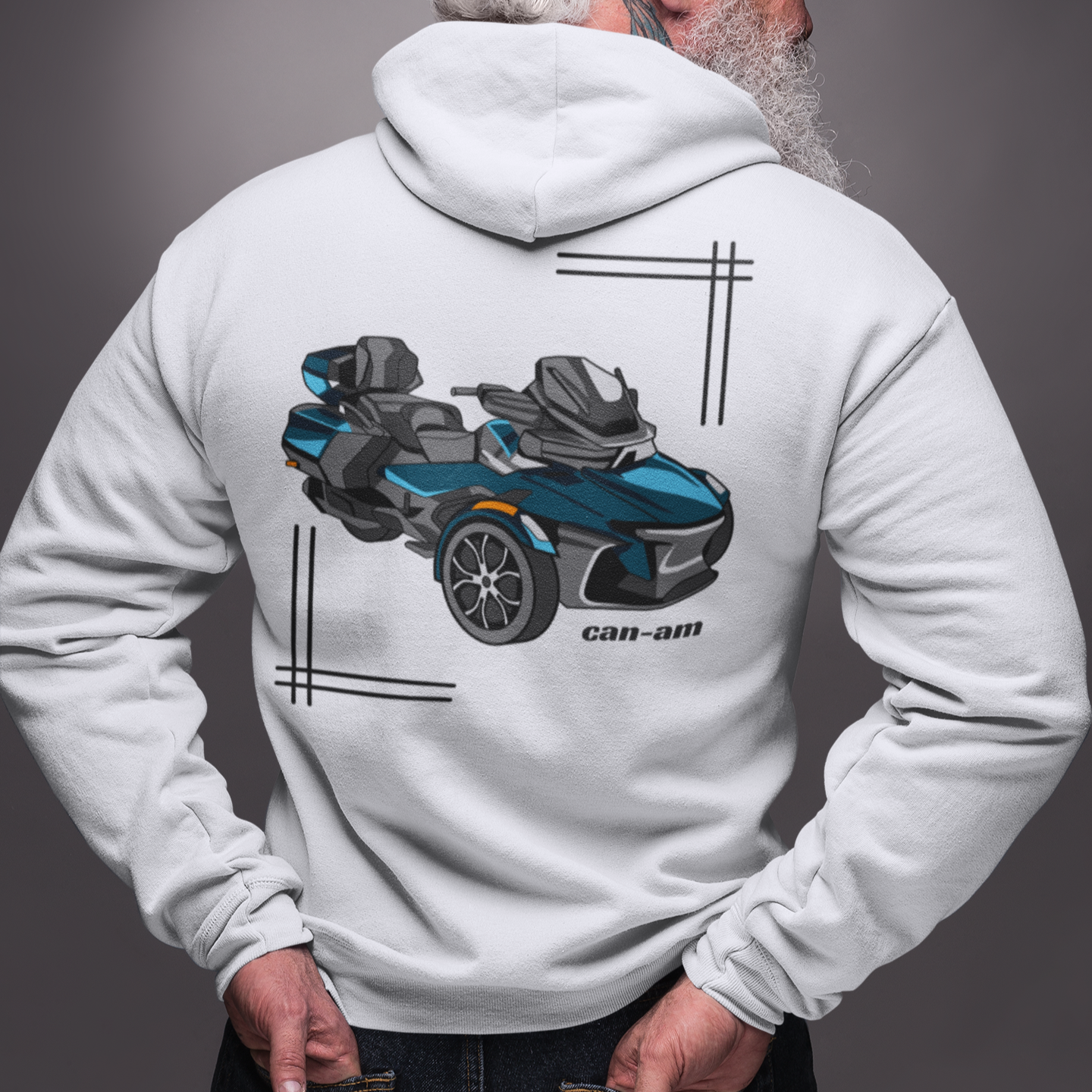 Person wearing a white hoodie with a graphic of a vehicle on the back against a gray background