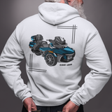 Person wearing a white hoodie with a graphic of a vehicle on the back against a gray background