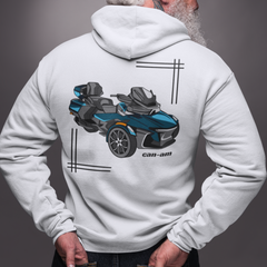 Person wearing a white hoodie with a graphic of a vehicle on the back against a gray background