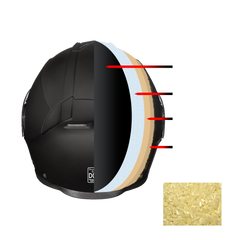 Black motorcycle helmet with a close-up of the chin area and inset showing a textured material sample.