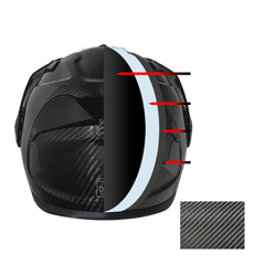 Black motorcycle helmet with a carbon fiber pattern and white stripe, showing detailed design elements.