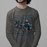 Man wearing a gray long-sleeve shirt with 'Spyder' graphic design on a gray background
