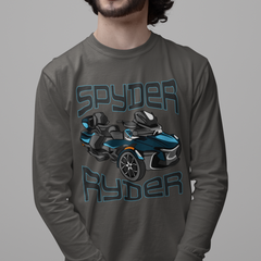 Man wearing a gray long-sleeve shirt with 'Spyder' graphic design on a gray background