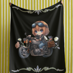Person holding a black blanket with an anime character on a motorcycle design against a striped wall.