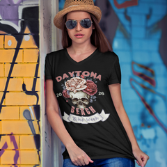 Daytona Bike Week 2026 Floral Skull V-Neck T-Shirt