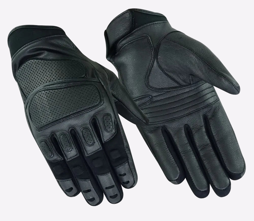 Pair of black leather gloves on a white background