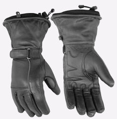 Pair of black leather gloves with star patterns on a white background