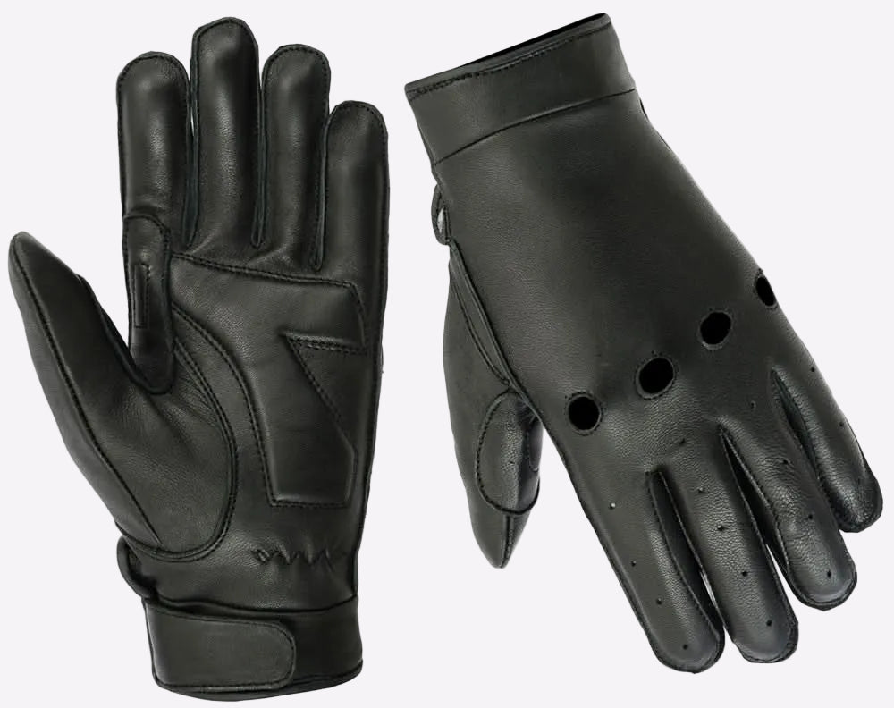 Pair of black leather gloves with finger holes on a white background