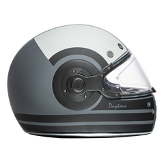 Daytona Retro Full Face Motorcycle Helmet - Dull Black with White Racer Graphic