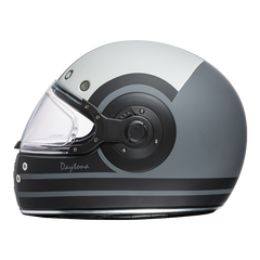 Daytona Retro Full Face Motorcycle Helmet - Dull Black with White Racer Graphic