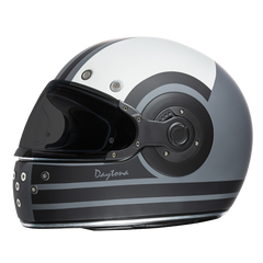 Daytona Retro Full Face Motorcycle Helmet - Dull Black with White Racer Graphic