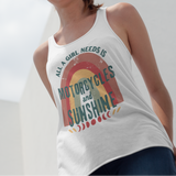 Woman wearing a tank top with a rainbow design and text, standing outdoors against a blue sky.