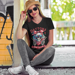 Daytona Bike Week 2026 Women's V-Neck | Hipster Skull & Bow Tee