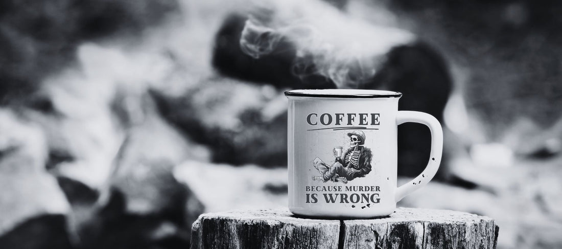 Camping mug with funny coffee design