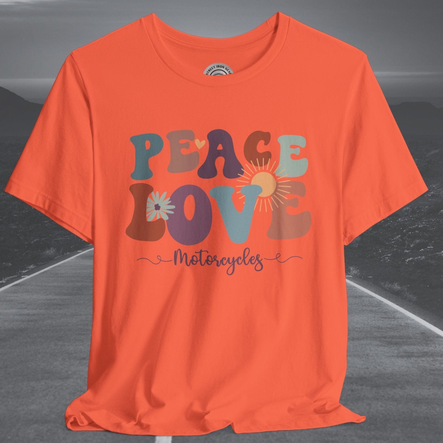 Ladies Retro Peace Love Motorcycles Crew Neck TShirt