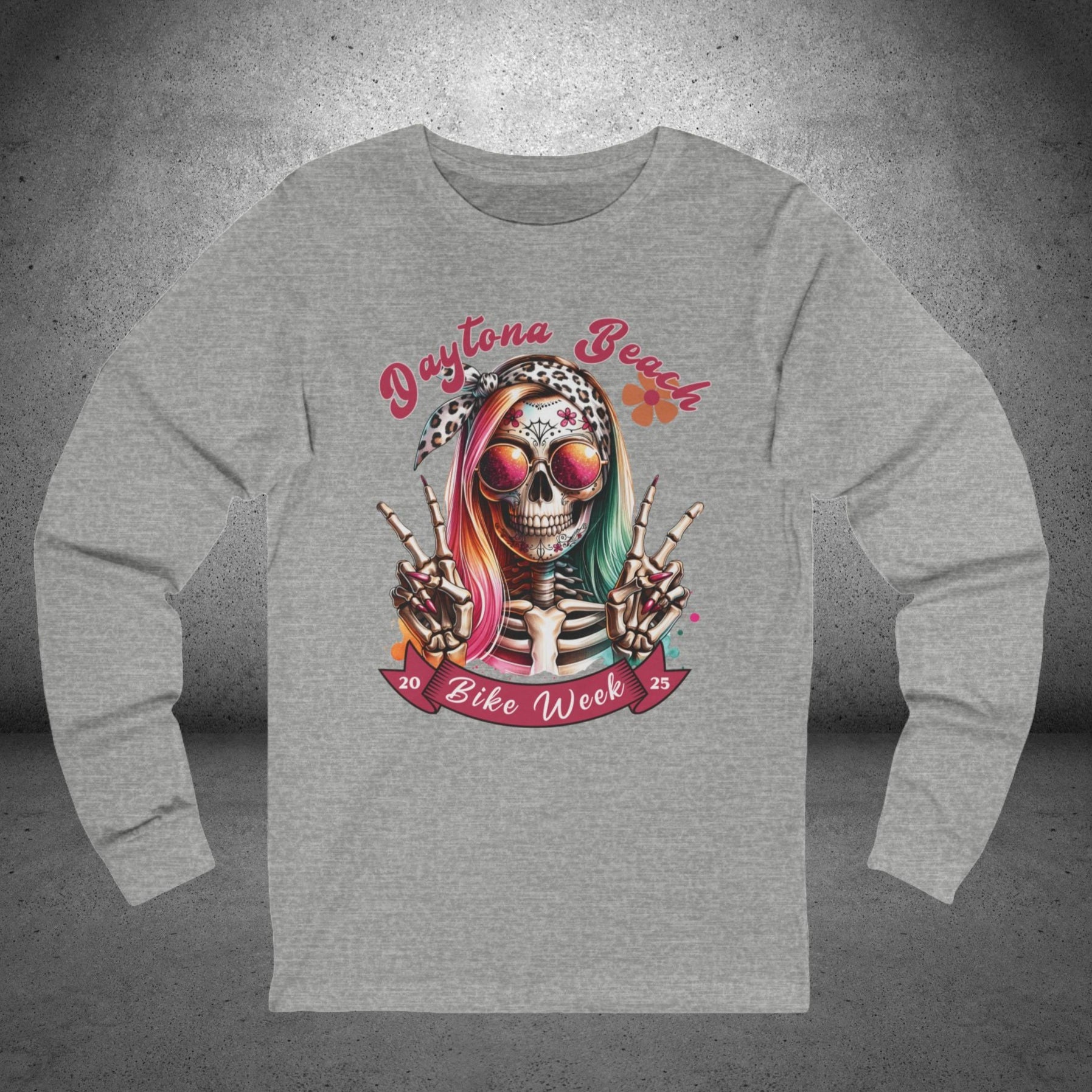 Ladies Daytona Bike Week 2025 Hipster Skull Long Sleeve Crew Neck TShirt