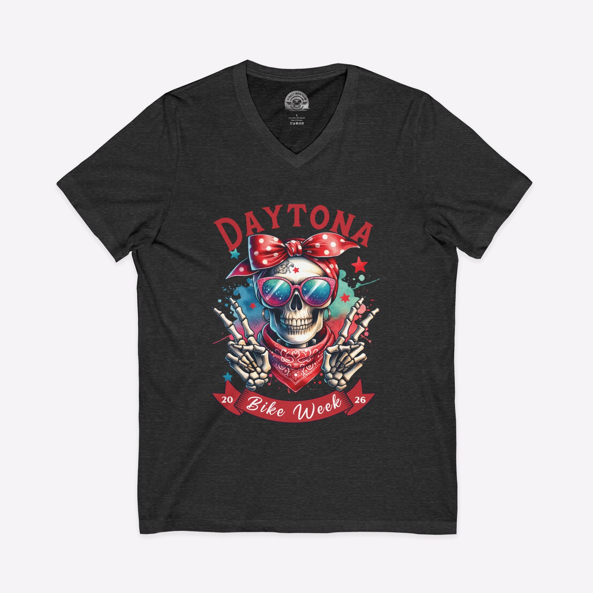 Daytona Bike Week 2026 Women's V-Neck | Hipster Skull & Bow Tee