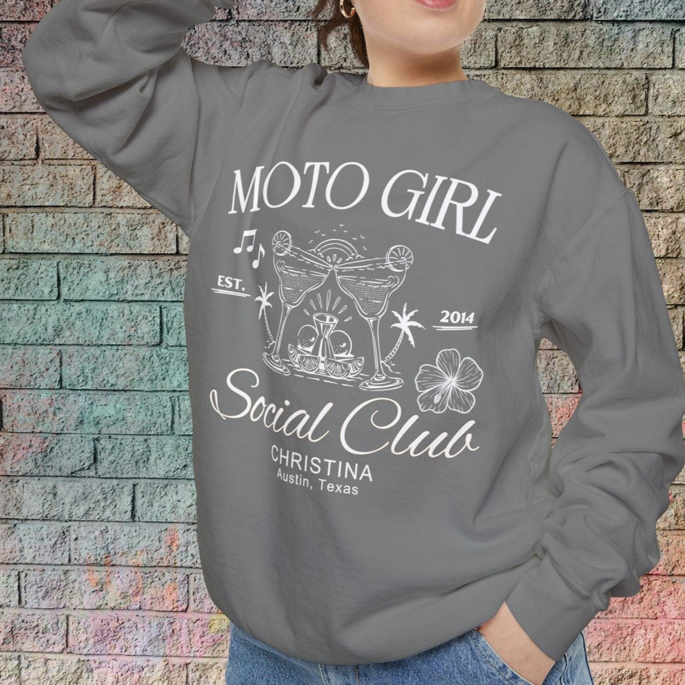 Moto Girl Crew Neck Sweatshirt (Customizable)