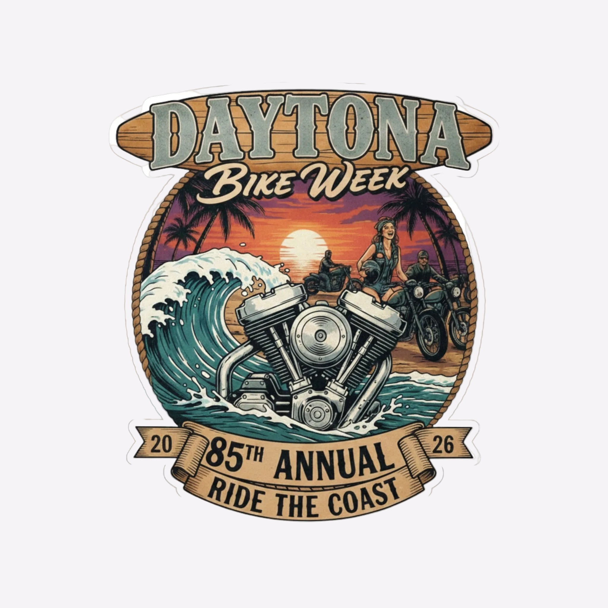 Daytona Bike Week logo with motorcycle, sunset, and beach scene on a white background