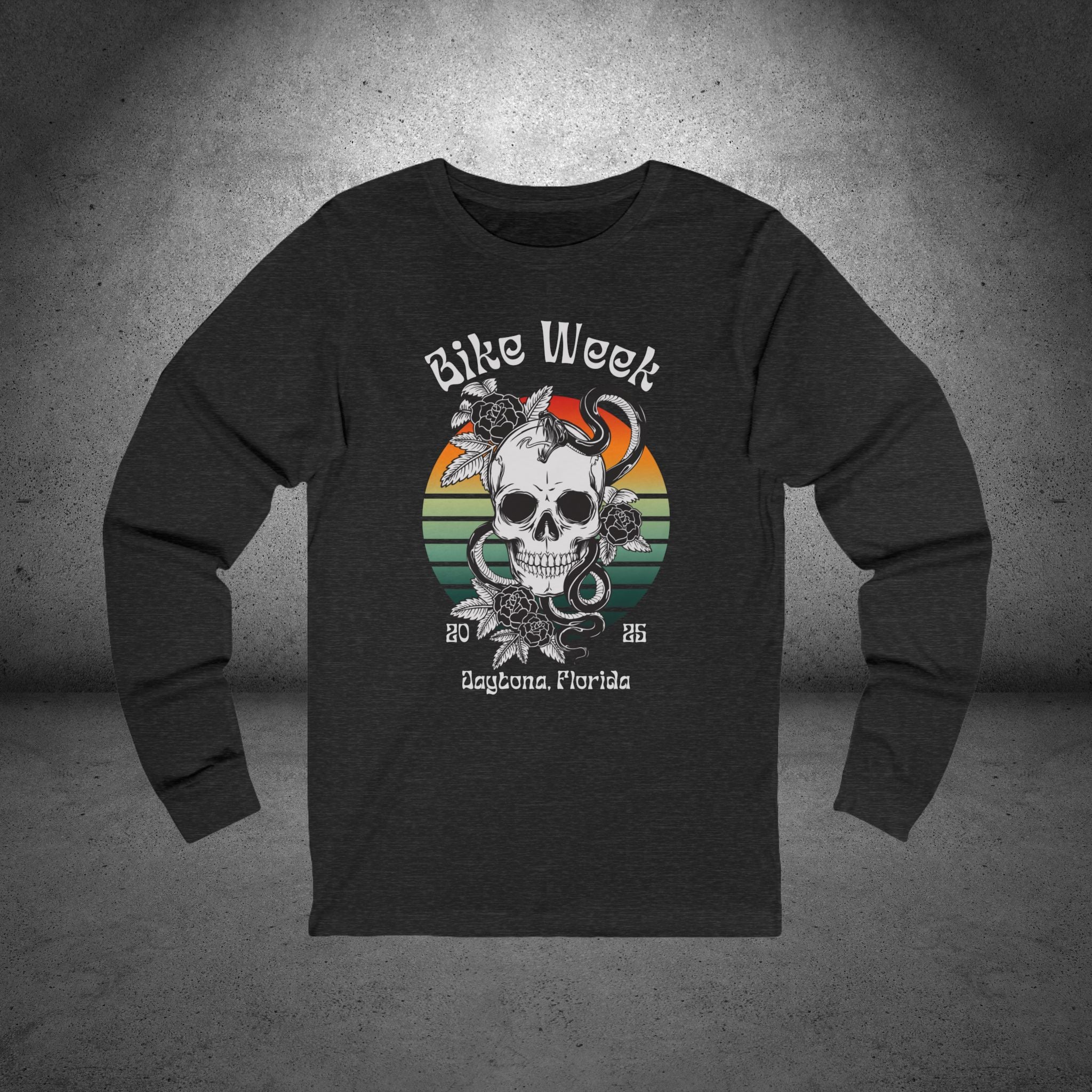 Ladies Daytona Bike Week 2025 Skull and Roses Long Sleeve Crew Neck TShirt