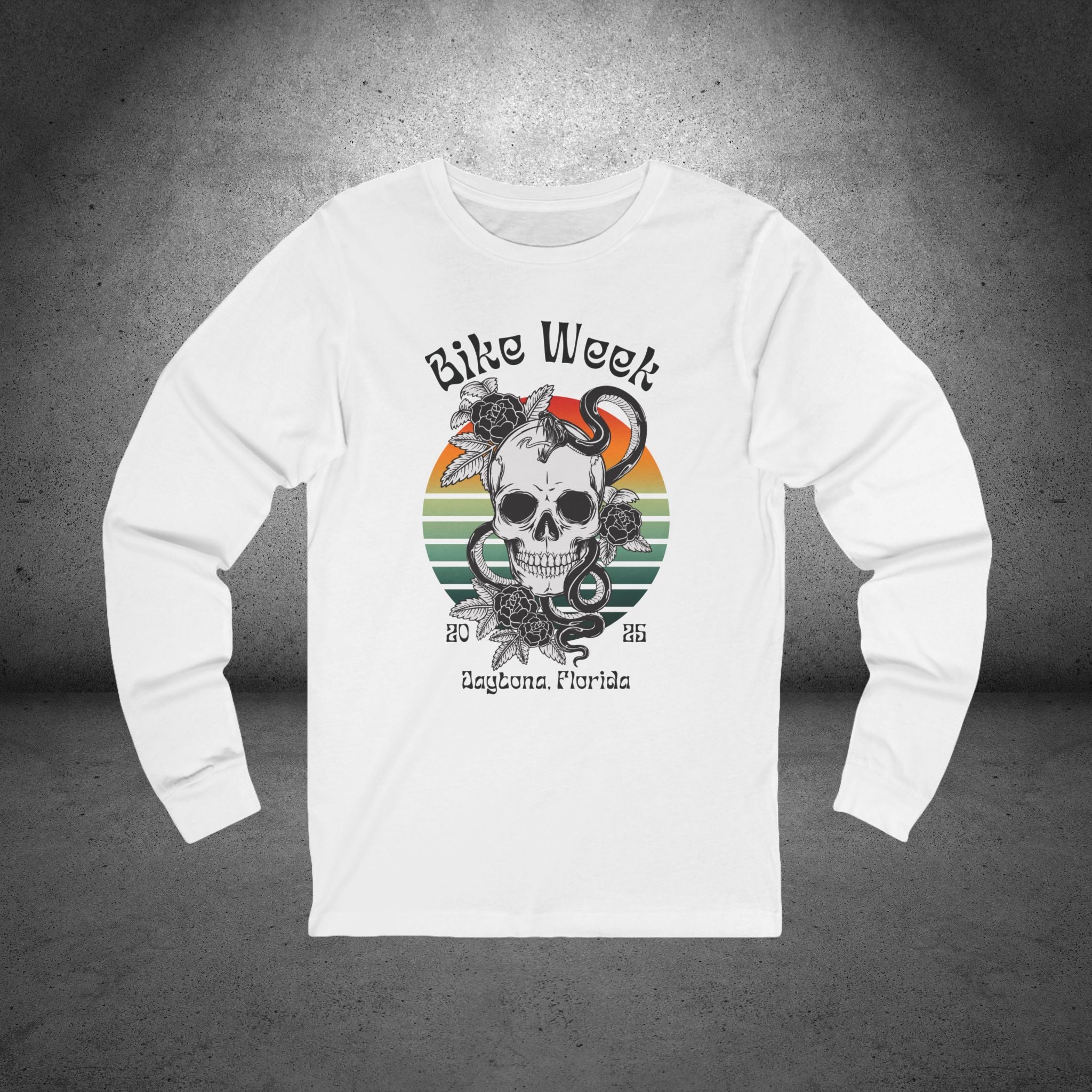 Ladies Daytona Bike Week 2025 Skull and Roses Long Sleeve Crew Neck TShirt