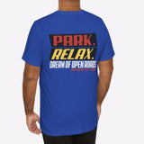 Man wearing a blue t-shirt with text on the back against a white background