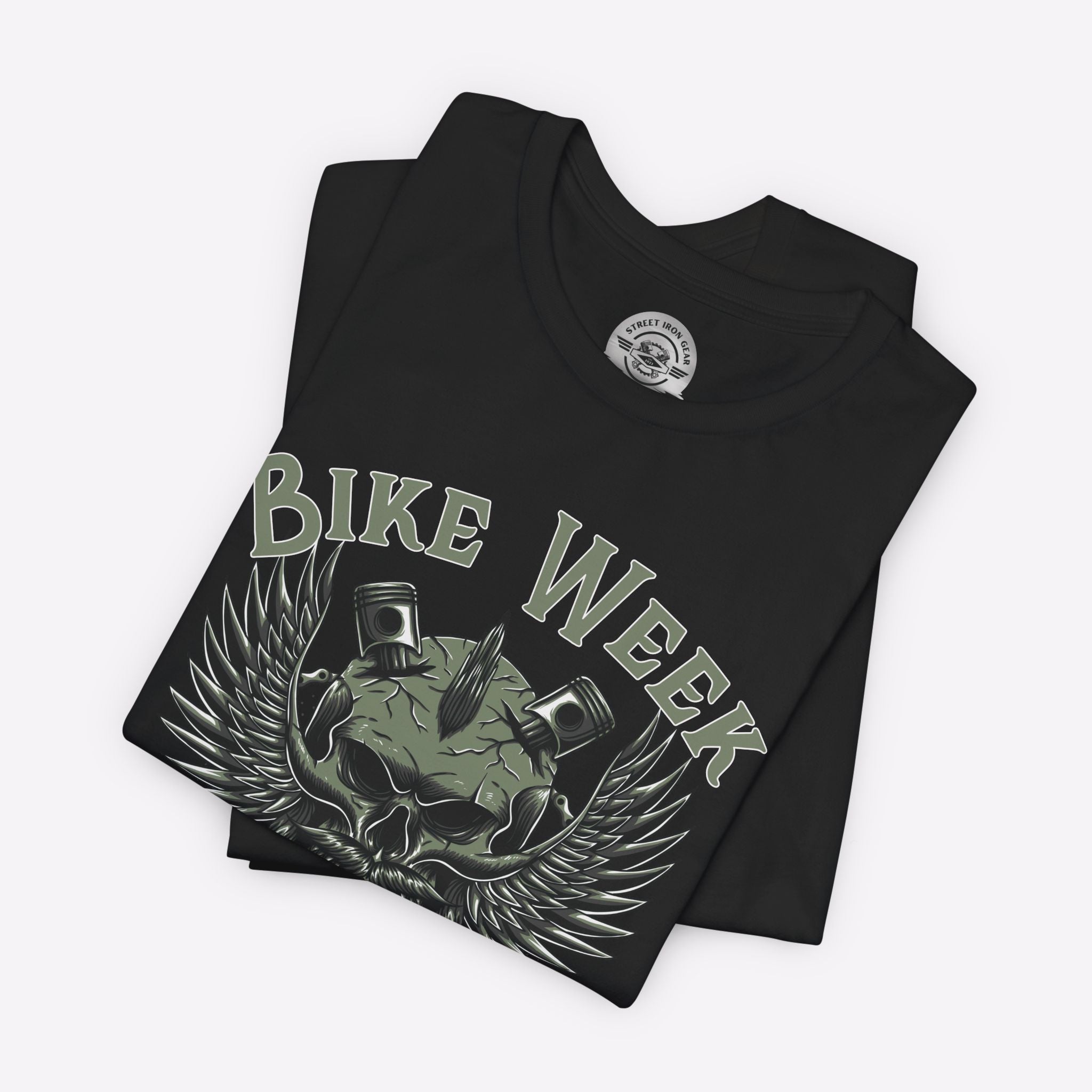 Black t-shirt with 'Bike Week' graphic design on a white background