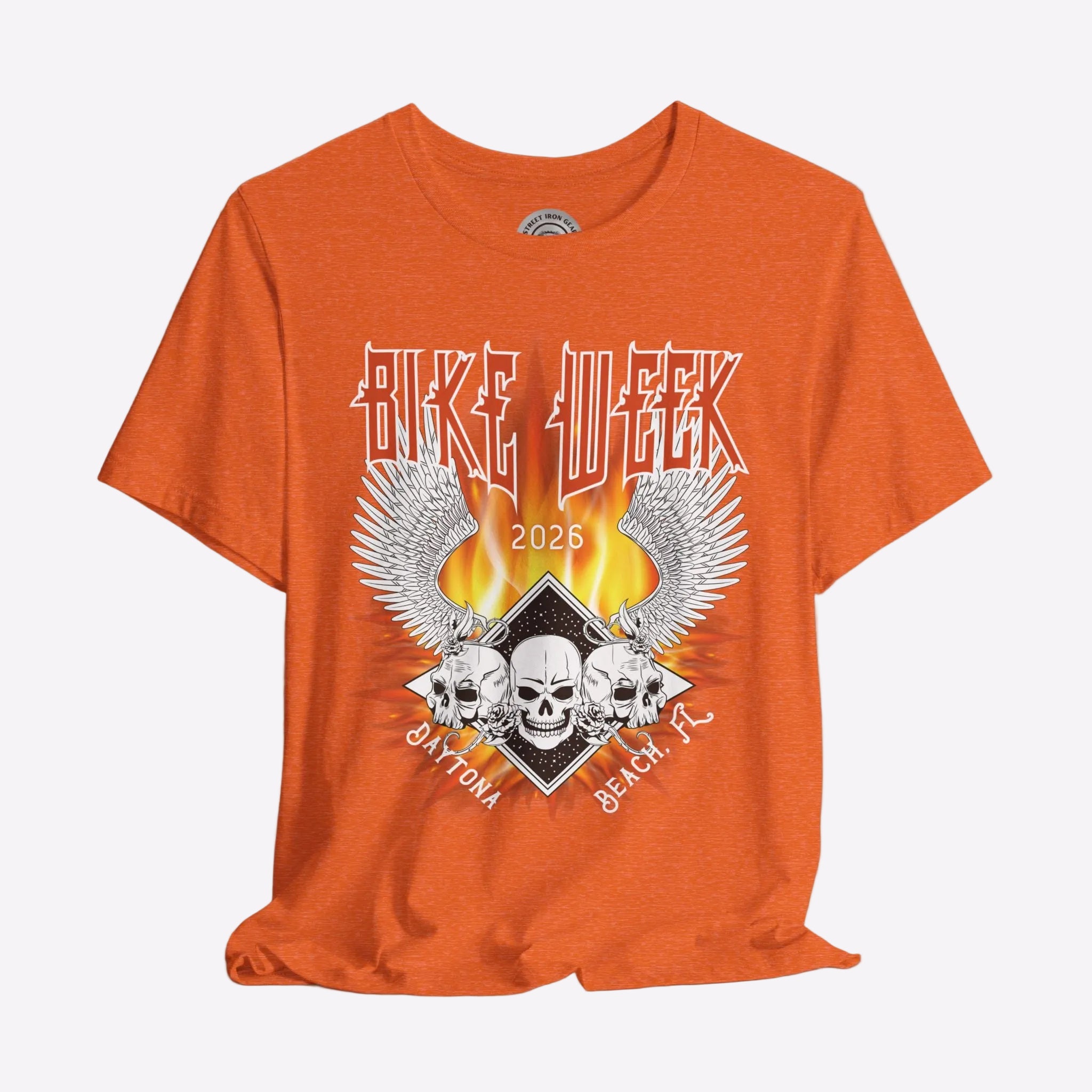 Orange t-shirt with 'Bike Week 2023 Daytona Beach' graphic design on a gray background