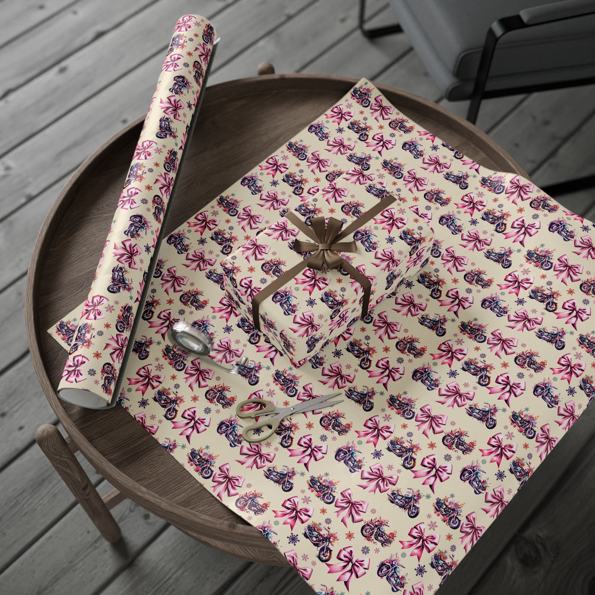 Cottagecore Coquette Bow Motorcycle Gift Wrap | Cream Base