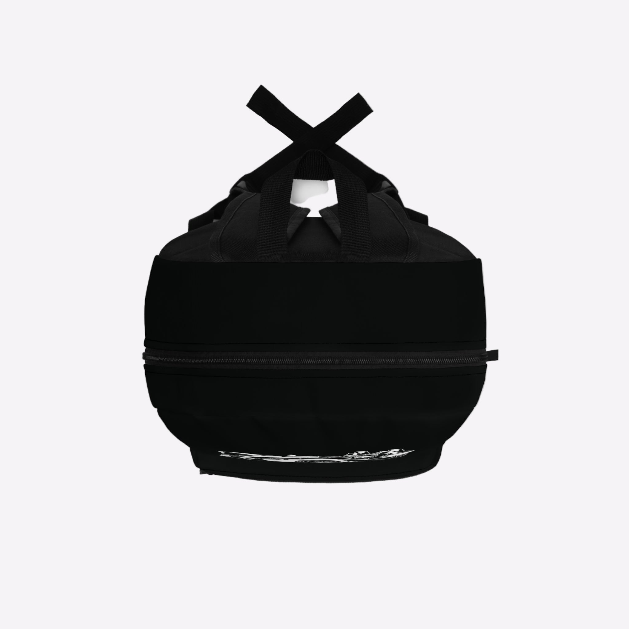 Black backpack with a unique design on a white background