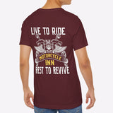 Man wearing a maroon t-shirt with motorcycle-themed text on the back