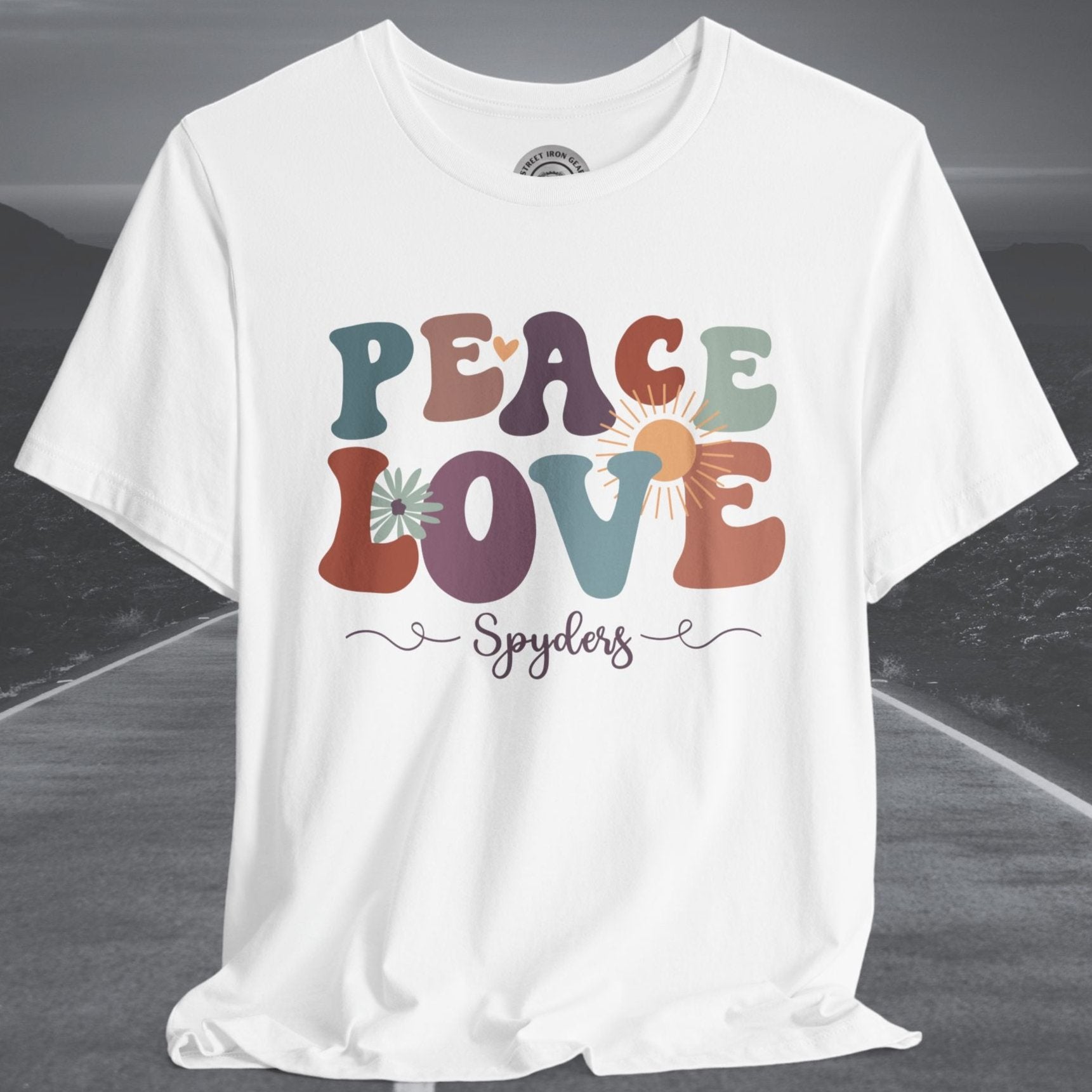 Ladies Retro Peace Love Spyders Crew Neck TShirt