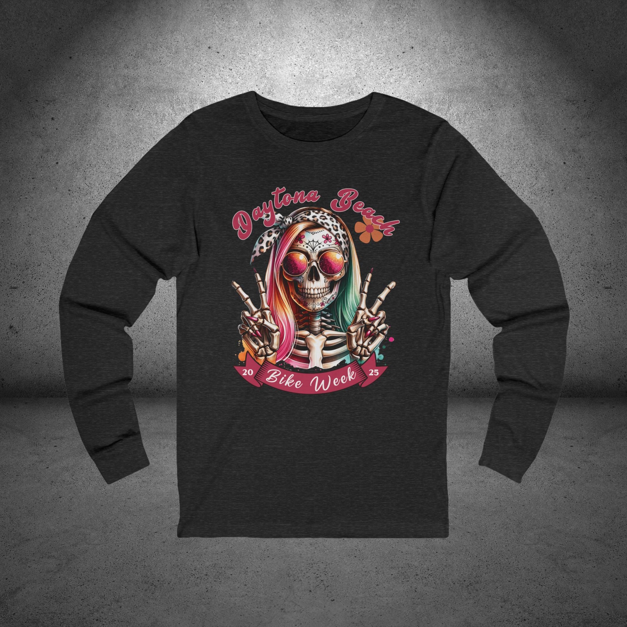 Ladies Daytona Bike Week 2025 Hipster Skull Long Sleeve Crew Neck TShirt