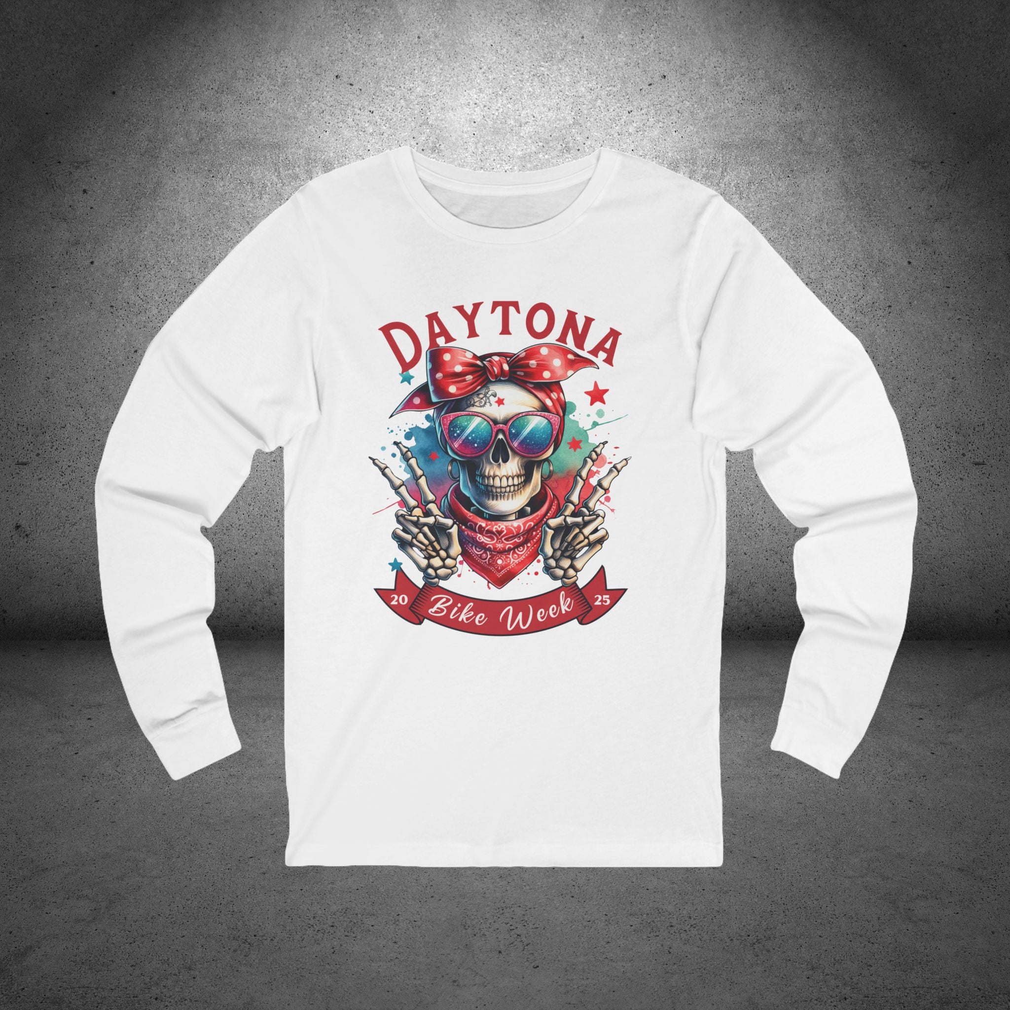 Ladies Daytona Bike Week 2025 Hipster Skull Long Sleeve Crew Neck TShirt