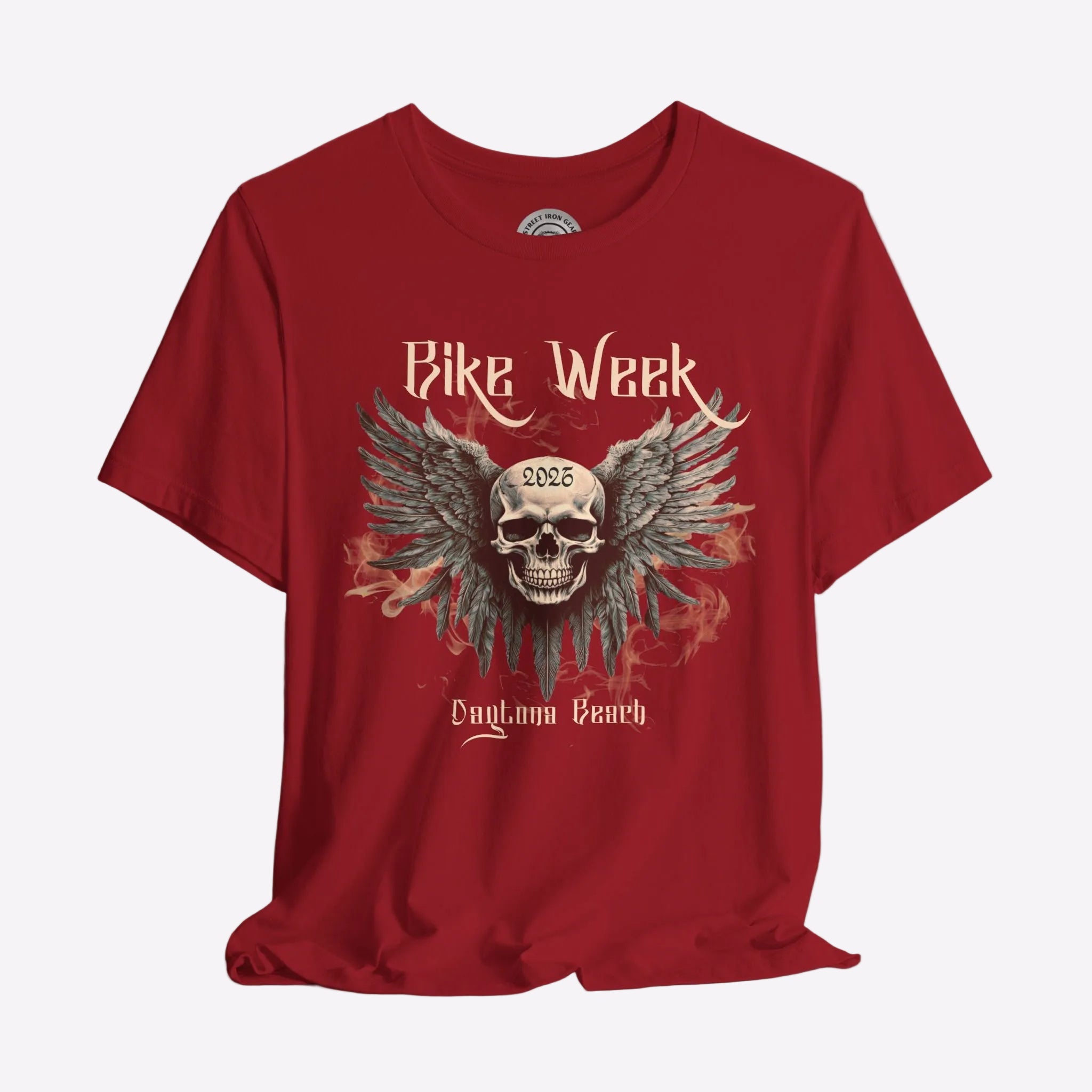 Red t-shirt with a skull design and 'Bike Week' text on a gray background