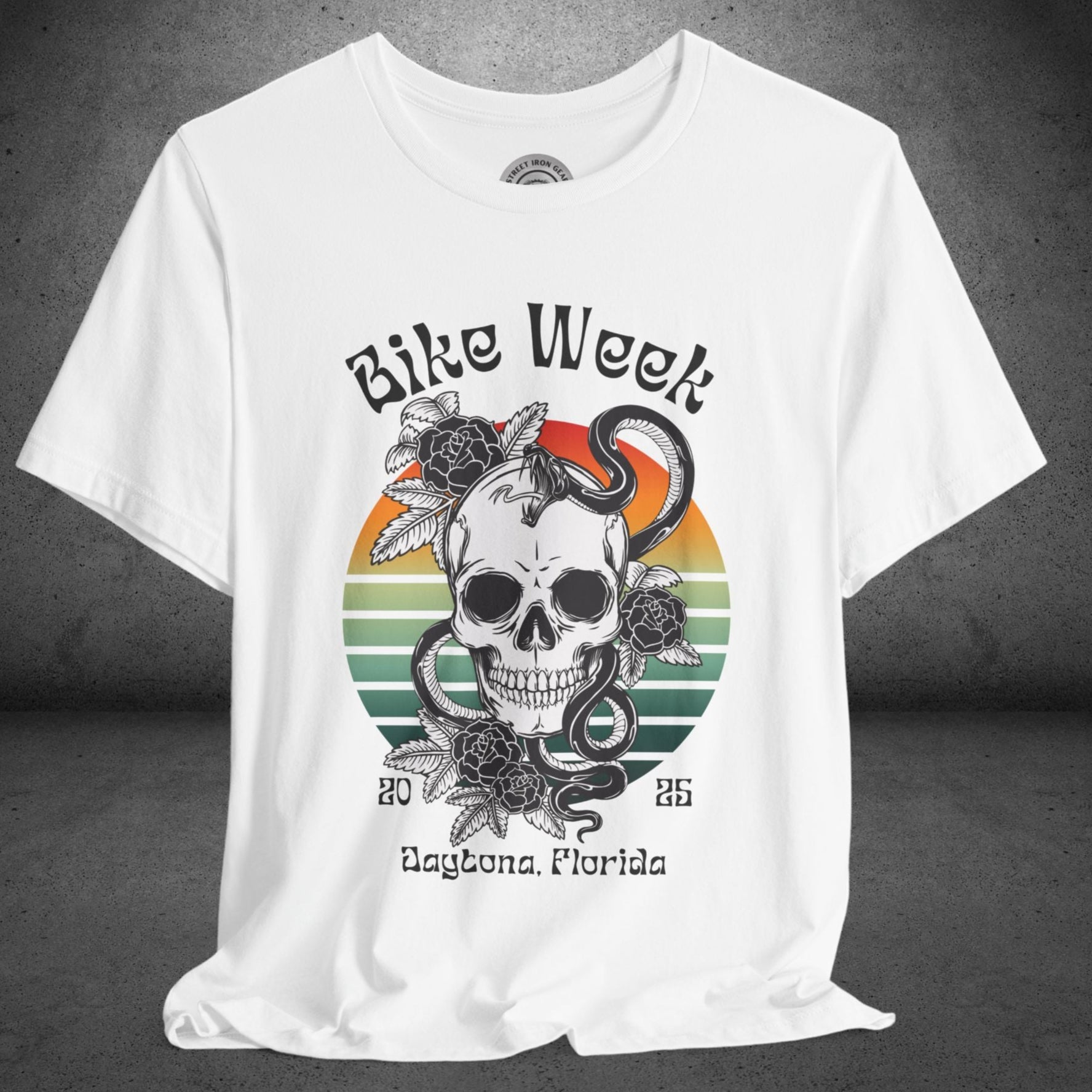 Ladies Daytona Bike Week 2025 Skull and Roses Crew Neck TShirt