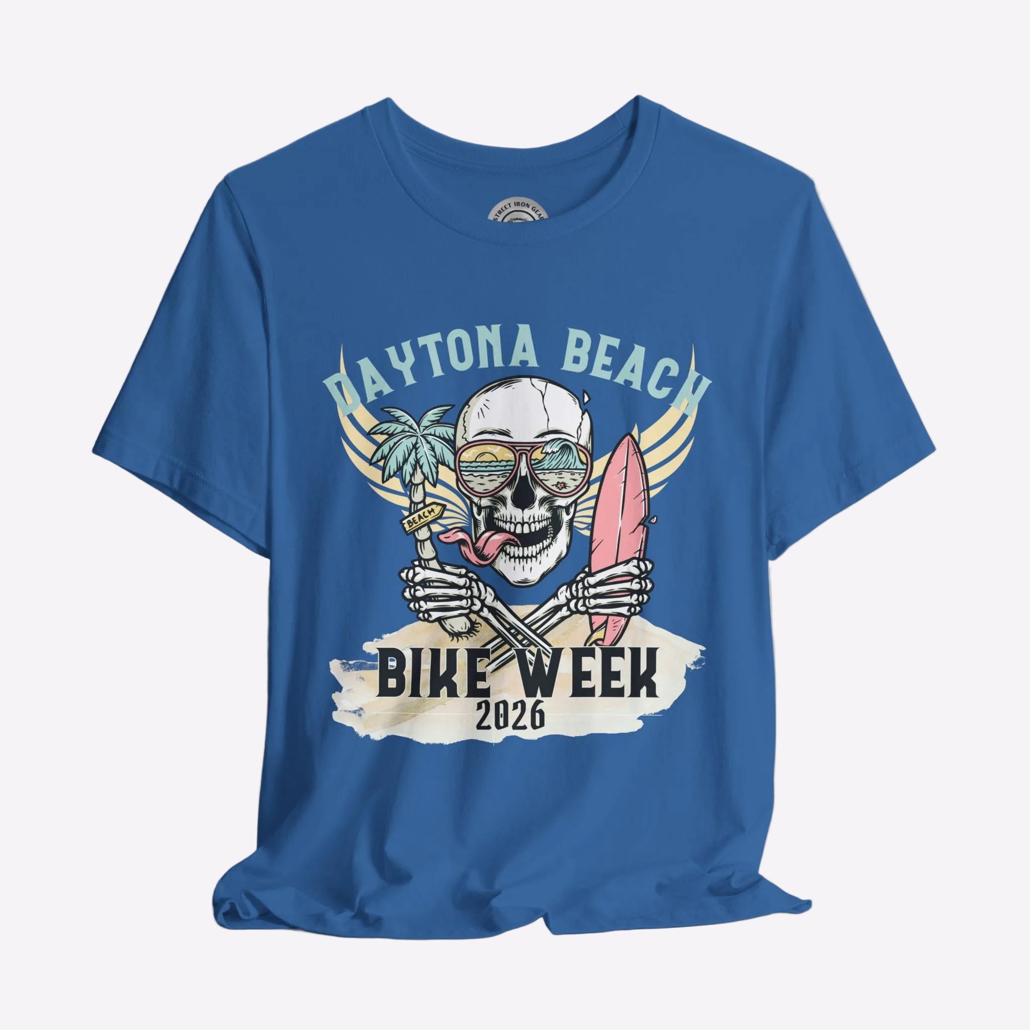 Blue t-shirt with Daytona Beach Bike Week 2026 graphic design on a gray background