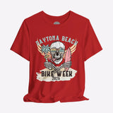 Red t-shirt with 'Daytona Beach Bike Week 2026' graphic design on a gray background