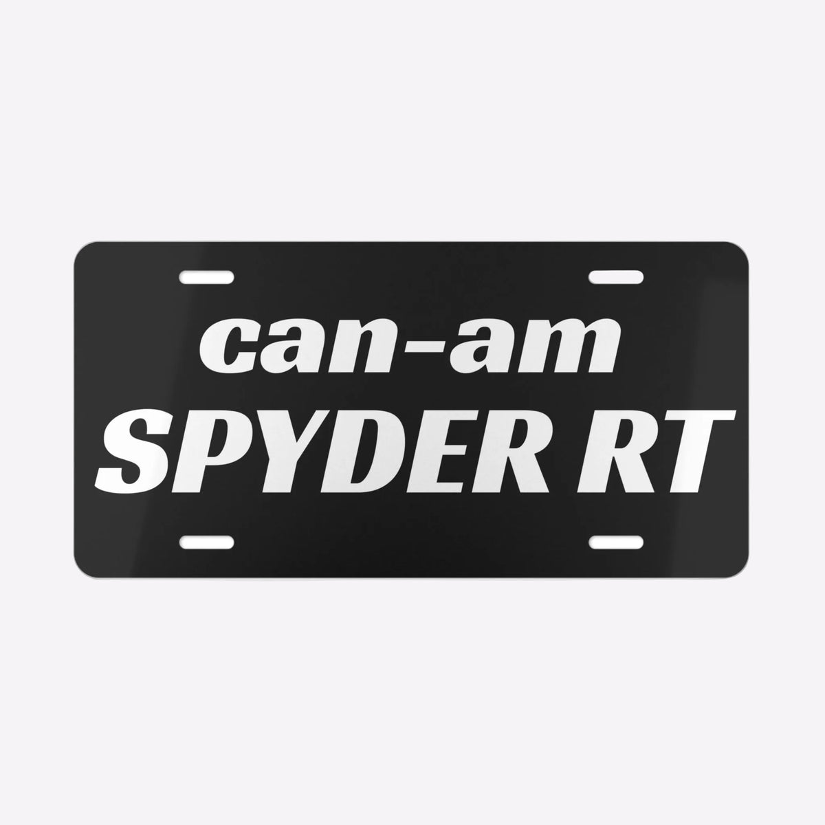 Black license plate with 'can-am SPYDER RT' text on a white background