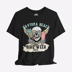 Black t-shirt with a skeleton design and 'Daytona Beach Bike Week 2026' text on a gray background