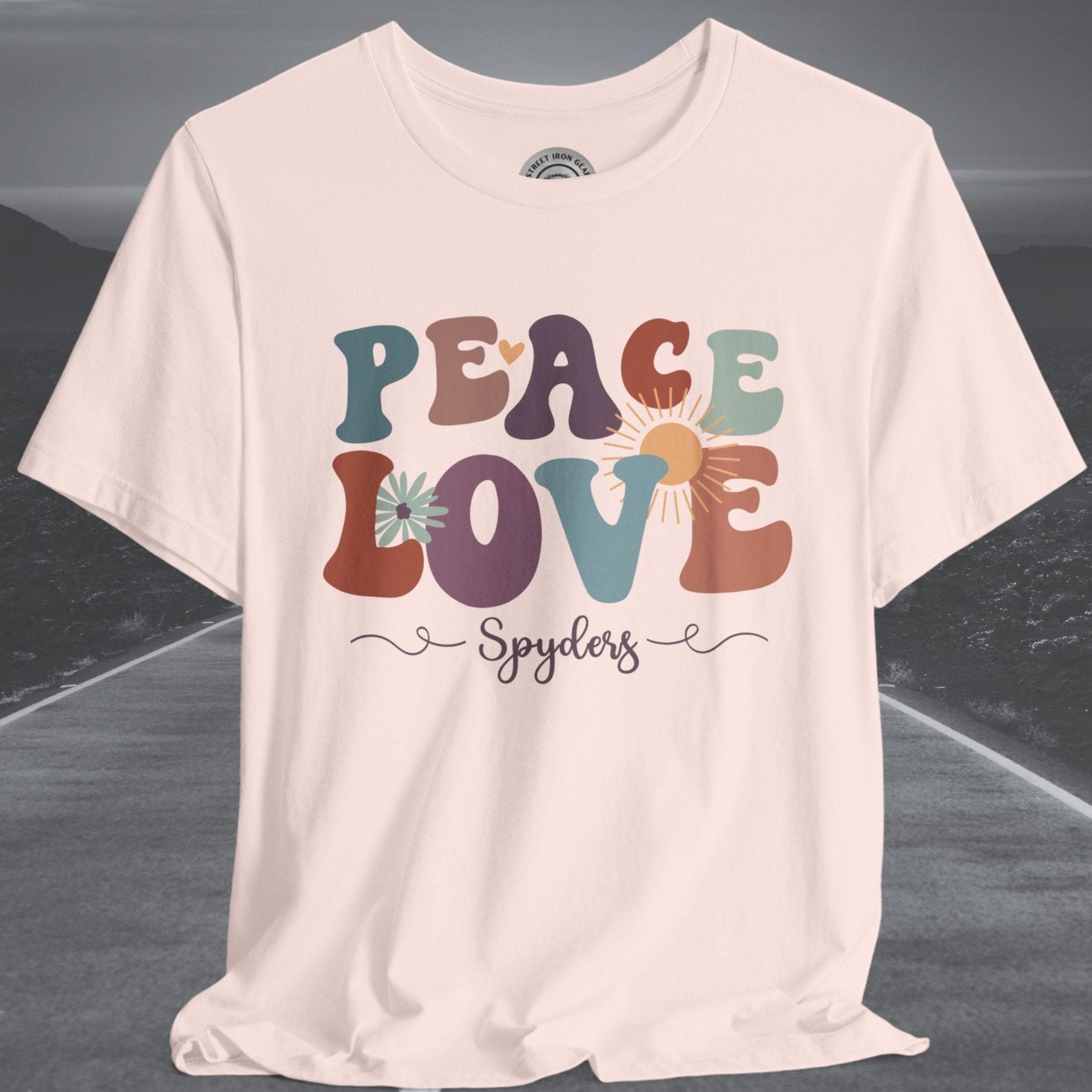 Ladies Retro Peace Love Spyders Crew Neck TShirt