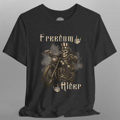 Black t-shirt with a graphic of a skeleton on a motorcycle and 'Freedom Rider' text on a gray background