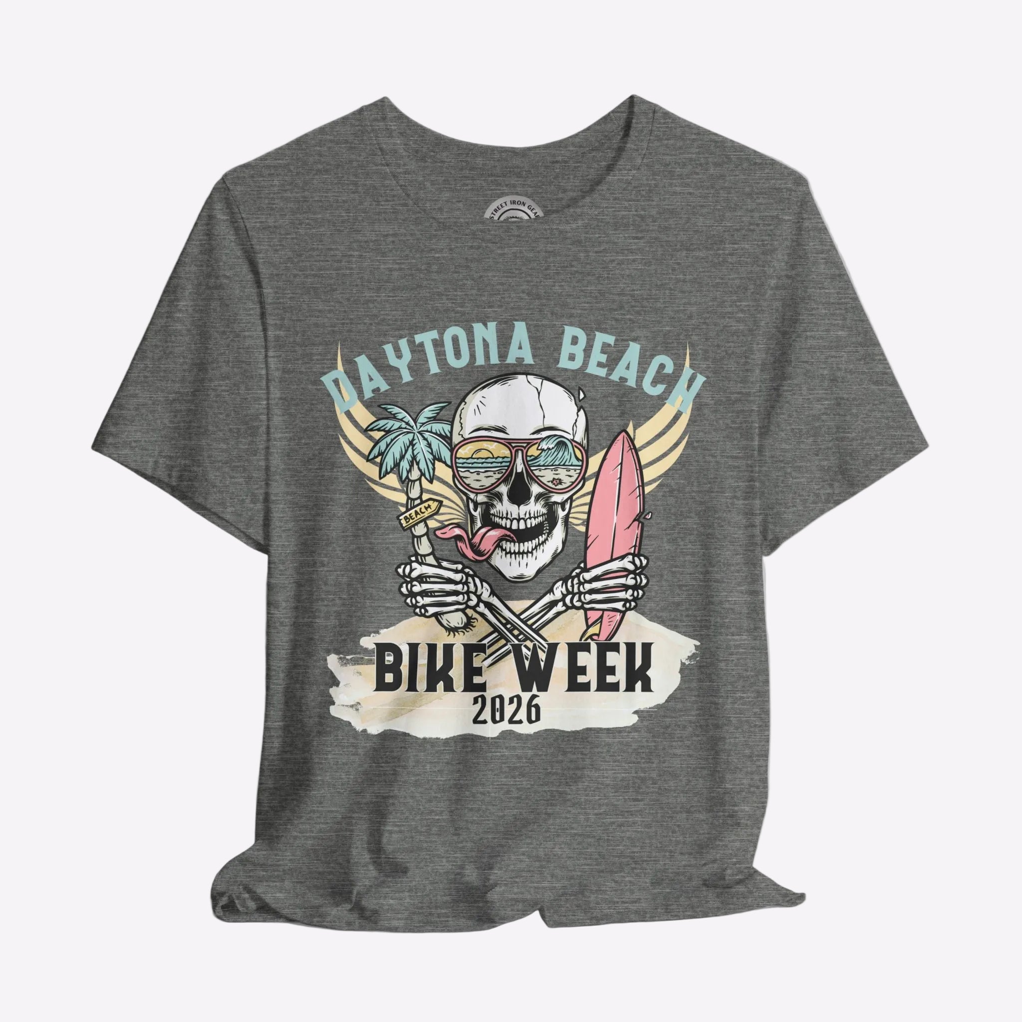 Gray t-shirt with a skull graphic and 'Daytona Beach Bike Week 2026' text on a gray background