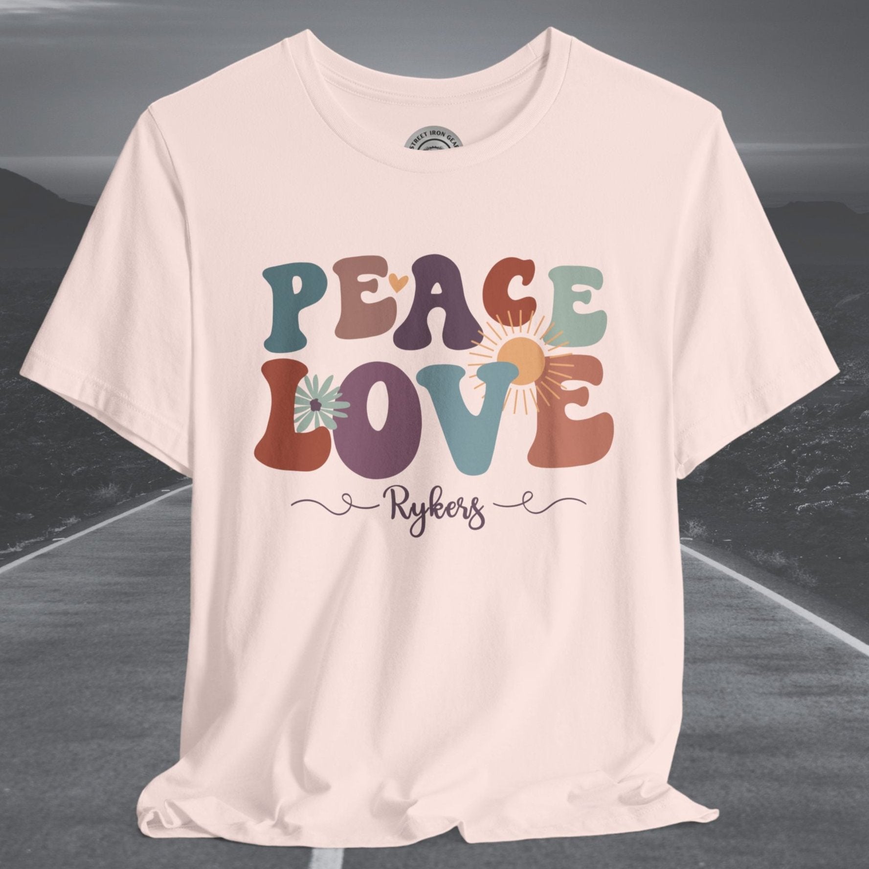 Ladies Retro Peace Love Rykers Crew Neck TShirt