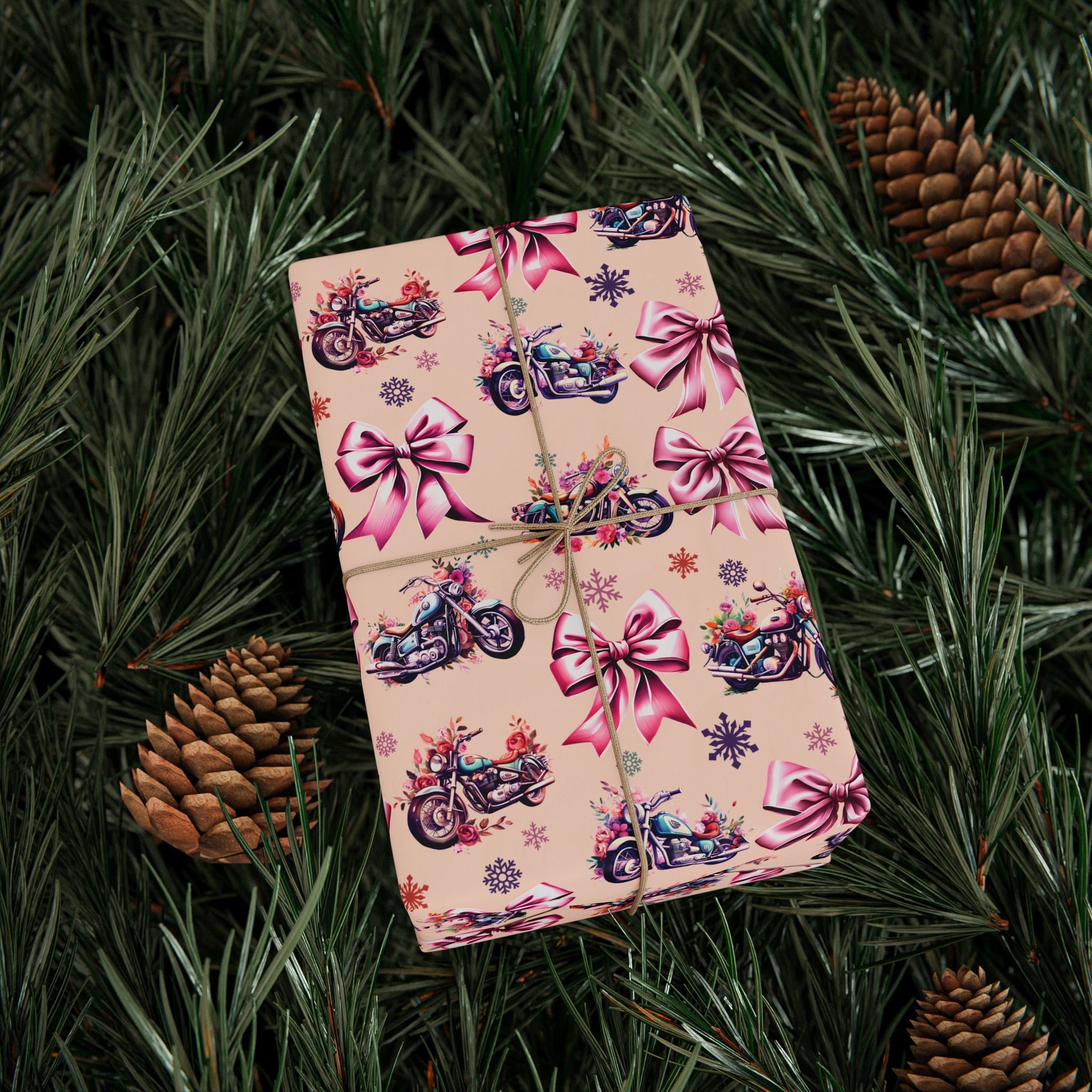 Cottagecore Motorcycle & Bows Gift Wrap | Peach Base
