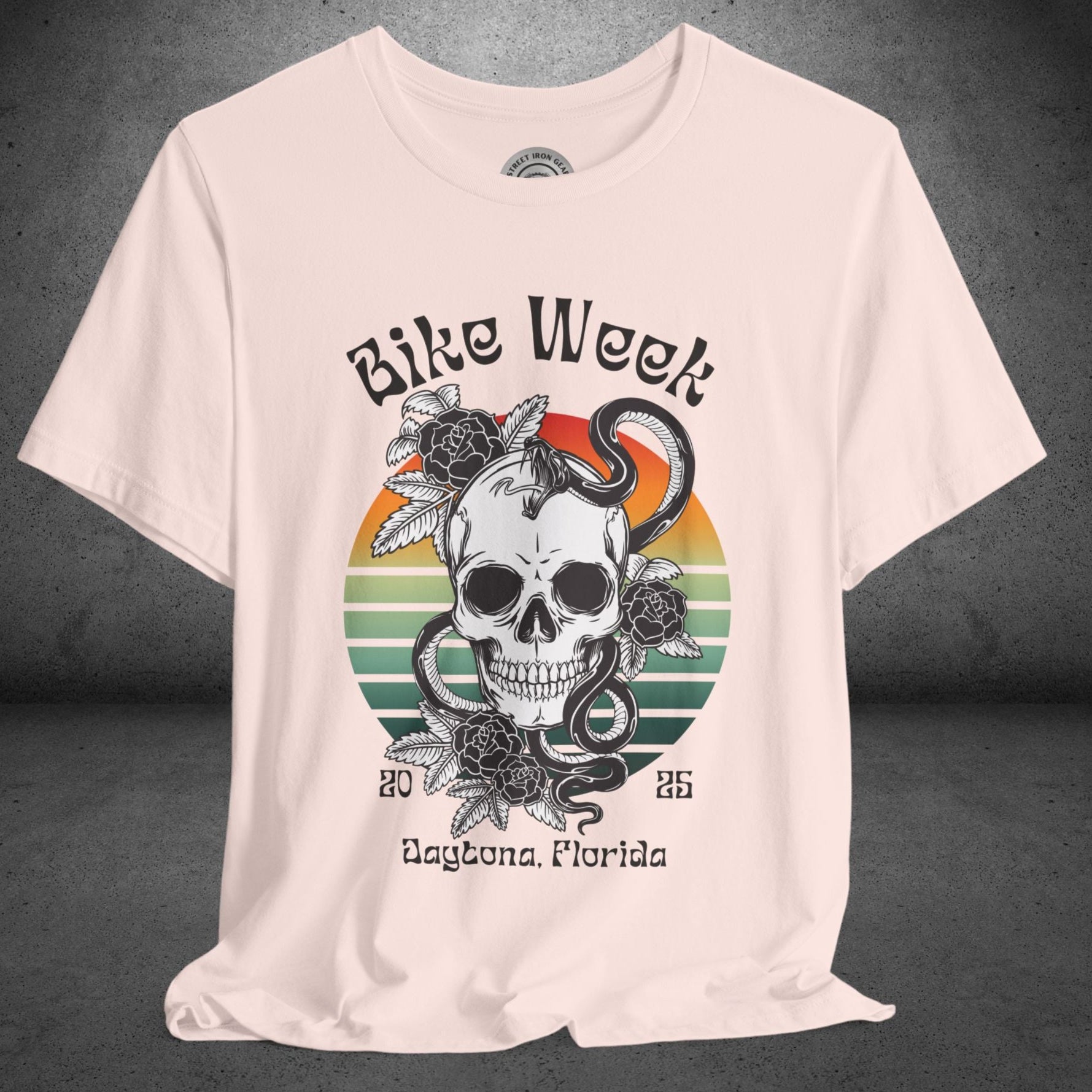 Ladies Daytona Bike Week 2025 Skull and Roses Crew Neck TShirt