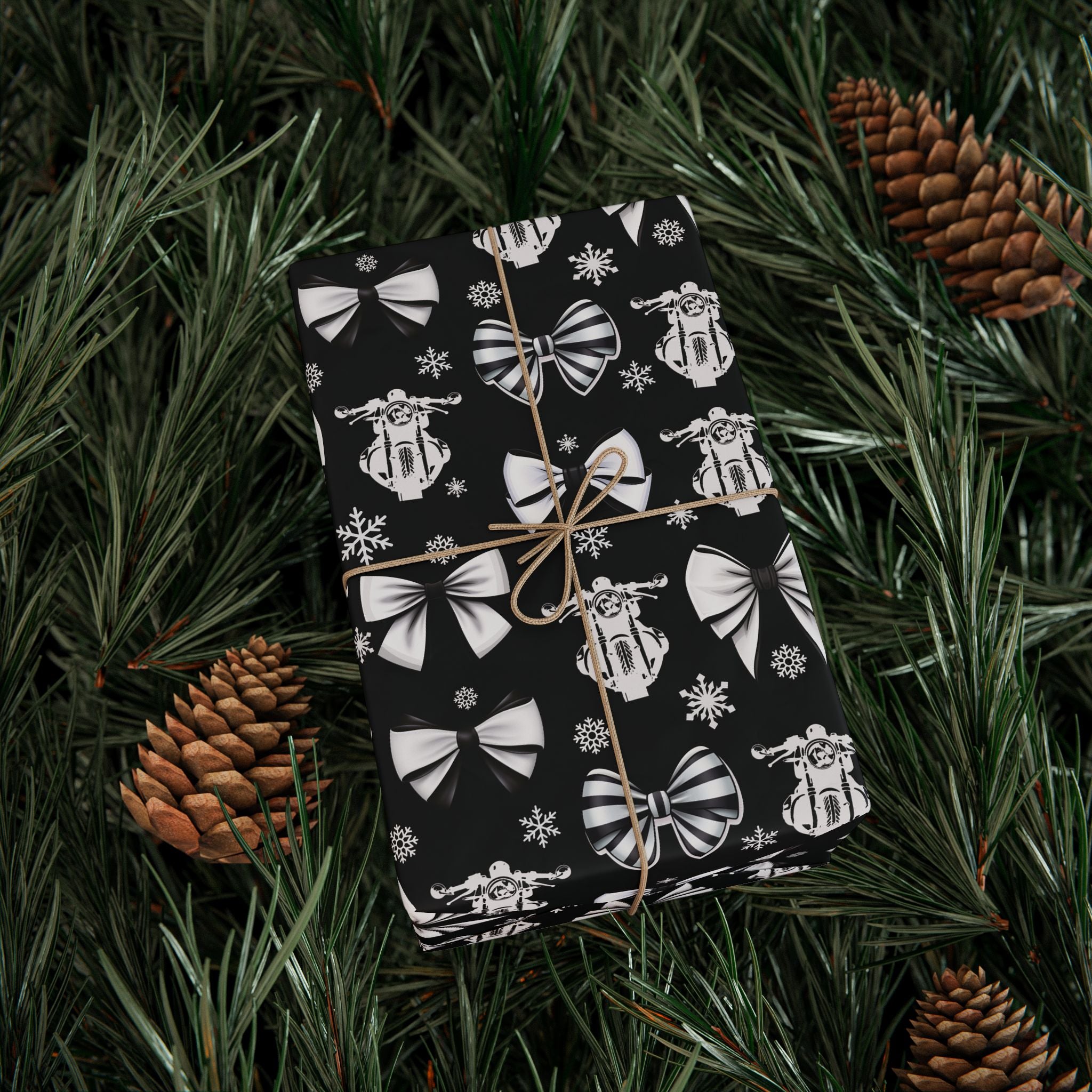 Motorcycle & Bows Black Holiday Gift Wrap