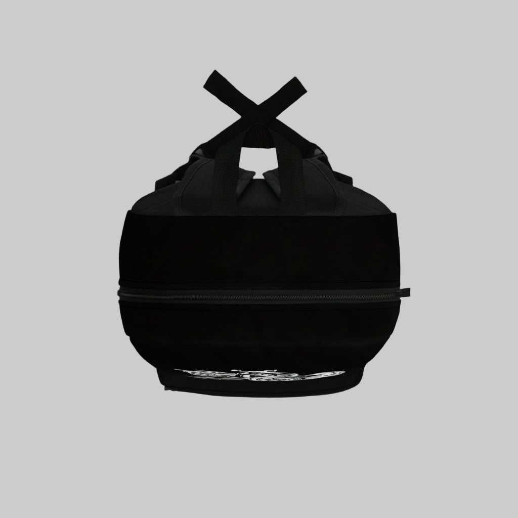 Black backpack with a unique design on a white background