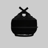 Black backpack with a unique design on a white background