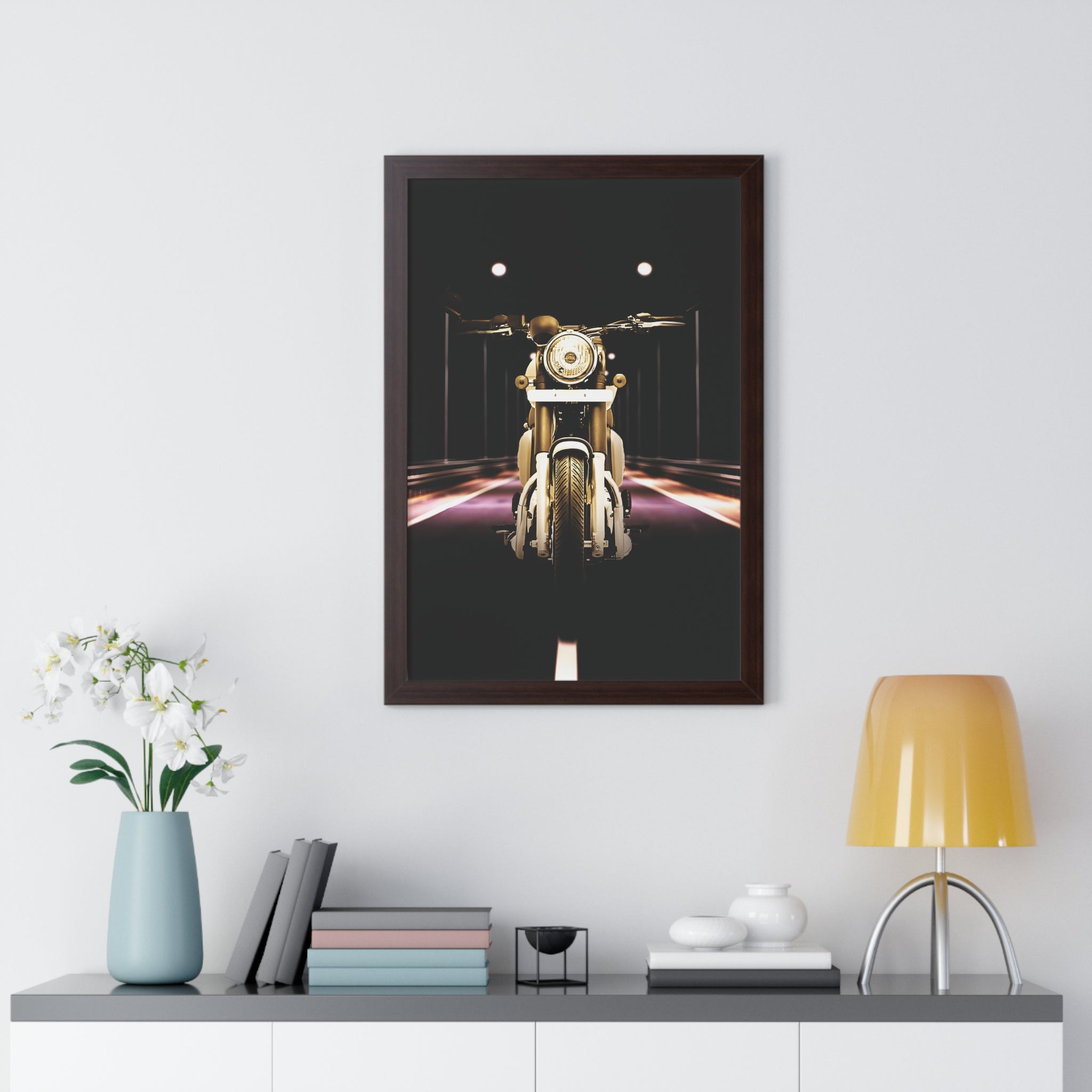 Vintage Night Scene Motorcycle Framed Poster